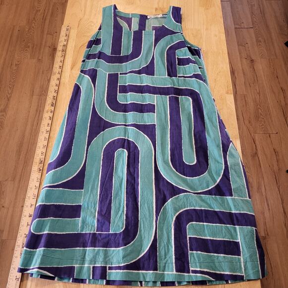 Two Danes Cotton Sleeveless Midi Pocket Blue Geometric Print Button Back xs - Picture 1 of 14